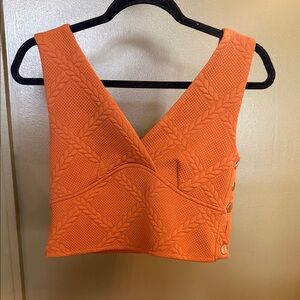 Maeve Orange Textured V-Neck Crop Top with Side Buttons